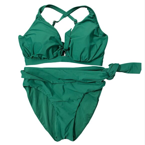 Birdsong Tie Front Bikini Top 36DDD Sash Fold-Over Bikini Bottom M Emerald Green - Picture 1 of 6
